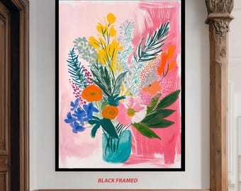 Colorful Floral Bouquet Canvas Wall Art – Vibrant Modern Abstract Flower Painting in Vase – Botanical Art Print for Home Decor Floral Print