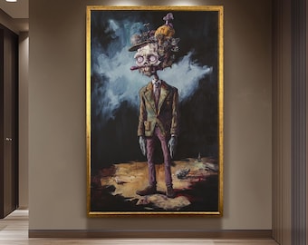 Creepy Surreal Zombie Gentleman Wall Art with Mushrooms and Trash Pile Head | Dark Fantasy Undead Character Painting for Horror Decor