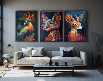 Psychedelic Animal Prints Set: Boho Abstract Cat, Deer, Bird Wall Art