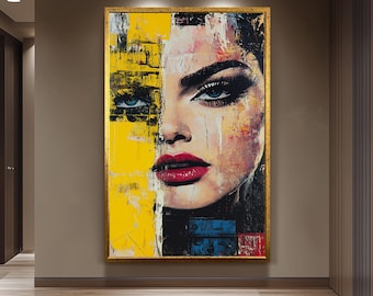 Bold Pop Art Woman Portrait with Yellow and Blue Abstract Layers, Modern Graffiti Style Canvas Print for Edgy Urban Wall Décor, Woman Art