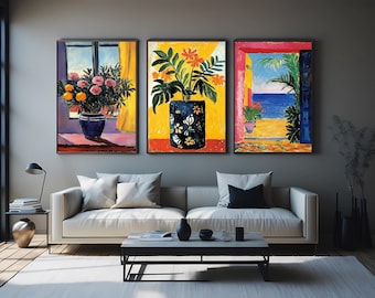 Colorful Fauvist Wall Art Set of 3 – Henri Matisse Inspired Bold Floral and Coastal Prints – Vibrant Modern Expressionist Decor Floral Art