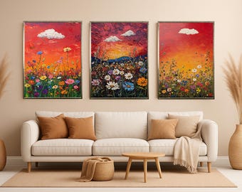 Sunset Wildflower Wall Art Set of 3 – Textured Impressionist Floral Paintings with Bold Red Skies and Colorful Garden Meadow Floral Artwork