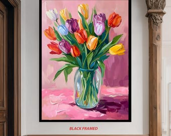 Quadro su tela con bouquet di tulipani colorati – Fiori primaverili luminosi in vaso di vetro – Dipinto floreale moderno per un elegante arredamento per la casa. Stampa floreale.