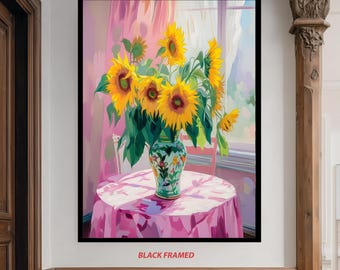 Quadro su tela con vaso di girasoli – Stampa di una natura morta floreale luminosa con tavolo rosa e finestra piena di luce per l'arredamento della casa