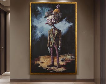 Creepy Surreal Zombie Gentleman Wall Art with Mushrooms and Trash Pile Head | Dark Fantasy Undead Character Painting for Horror Decor