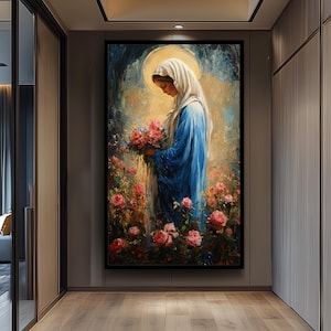 Impressionist Virgin Mary Painting with Pink Roses and Golden Halo, Catholic Floral Canvas Art for Spiritual Home or Chapel Decor