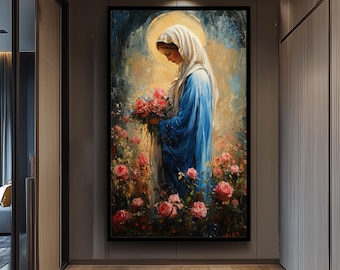 Impressionist Virgin Mary Painting with Pink Roses and Golden Halo, Catholic Floral Canvas Art for Spiritual Home or Chapel Decor
