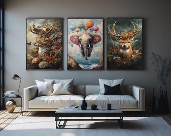 Whimsical Animal Canvas Print Set: Elephant, Deer, Floral Nursery Art
