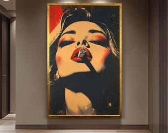 Bold Pop Art Wall Print of Glamorous Woman with Cigarette and Red Lips | Retro Noir Inspired Female Portrait with Vintage Style Vibes