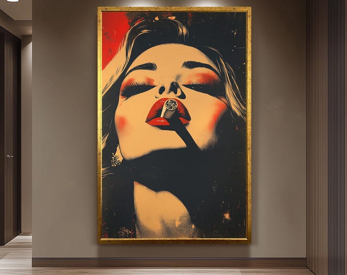 Featured listing image: Bold Pop Art Wall Print of Glamorous Woman with Cigarette and Red Lips | Retro Noir Inspired Female Portrait with Vintage Style Vibes
