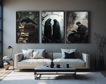 Gothic Horror Wall Art Set of 3, Hooded Figure Dark Fantasy Prints, Mysterious Medieval Poster Decor for Haunted Room, Study or Library
