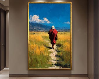 Jesus Walking in Golden Field Landscape Painting Christian Wall Art Print in Impressionist Style for Faithful Home or Prayer Room Decor