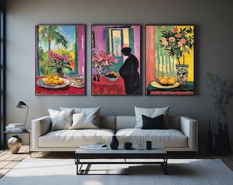 Vibrant Still Life Wall Art Set of 3 – Colorful Flower and Fruit Paintings with Tropical and Interior Scenes for Home Decoration Color Print