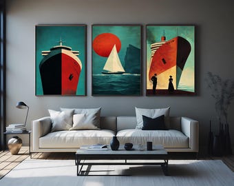Nautical Ship Wall Art Set of 3 Retro Ocean Travel Posters with Bold Red and Teal Colors for Coastal or Maritime Home Decor Landscape Canvas