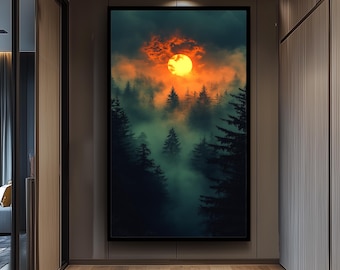 Mystical Sunset Over Foggy Forest, Dramatic Nature Wall Art, Enchanted Woodland Landscape, Moody Atmospheric Print, Dark Fantasy Decor