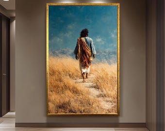 Jesus Walking Through Golden Field Painting Rustic Faith Wall Art Print for Christian Home Decor Prayer Room or Spiritual Gift Home Decor