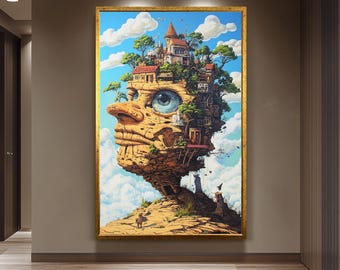 Surreal Fantasy Wall Art of Giant Stone Face with Buildings and Trees Growing on Top | Dreamlike Architecture Landscape Print, Surreal Print