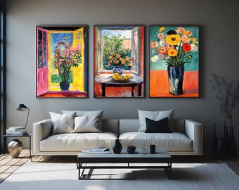 Floral Window Wall Art Set Of 3 Vibrant Prints With Colorful Blooms In Vases And Sunny Garden Views For Cheerful Home Decor Floral Artwork