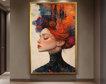Surreal Woman Art  Fiery Red Hair Abstract Portrait Wall Art, Bold Feminine Decor for Modern Living Room, Bedroom or Gallery Wall Styling