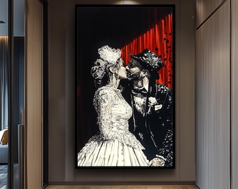 Elegant Wedding Couple Painting, Romantic Black and White Art, Hand Painted Bride and Groom Canvas, Classic Love Portrait, Unique Gift