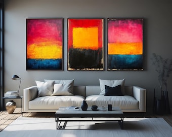 Abstract Color Field Wall Art Set of 3 Minimalist Bold Block Paintings in Red Yellow Blue Modern Expressionist Decor Colorful Wall Decor