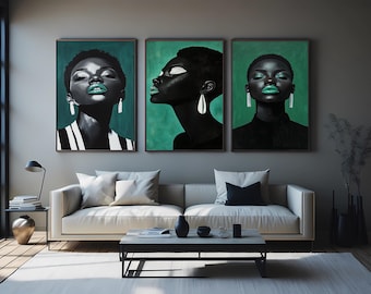 Teal Accent Black Woman Portrait Art - Modern Glam Set of 3