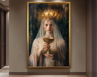 Ethereal Queen Portrait Wall Art, Mystical Woman Painting, Fantasy Royalty Print, Renaissance Gothic Canvas, Dark Medieval Artwork