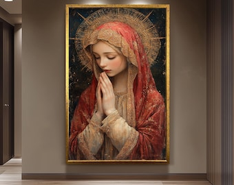 Antique Virgin Mary Painting with Golden Halo and Red Veil, Catholic Sacred Art Canvas Print for Prayer Room or Religious Home Decor
