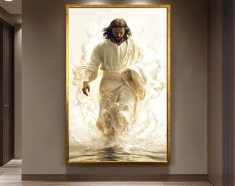 Jesus Walking on Water Wall Art Print | White and Gold Christian Decor Poster | Faith Inspirational Religious Artwork for Home or Church