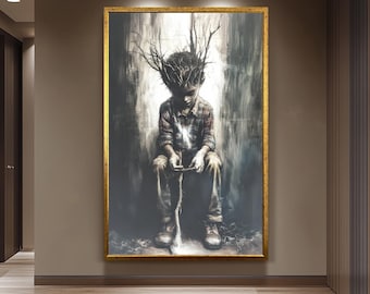 Surreal boy with tree roots portrait canvas wall art, mystical fantasy painting print for unique modern home decor and imaginative interiors