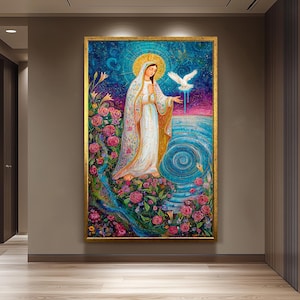 Virgin Mary with Dove and Floral Meadow | Colorful Catholic Canvas Art of Our Lady in Radiant Light | Spiritual Wall Decor for Home Mary Art