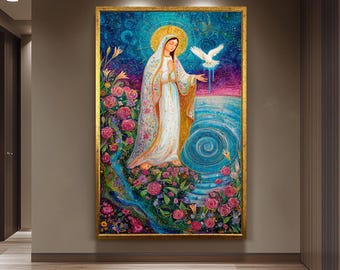 Virgin Mary with Dove and Floral Meadow | Colorful Catholic Canvas Art of Our Lady in Radiant Light | Spiritual Wall Decor for Home Mary Art