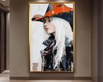 Abstract Oil Painting of Western Cowgirl | Elegant Woman with White Hair in Orange Cowboy Hat | Rustic Modern Wall Art on Canvas Woman Art