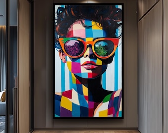 Geometric Pop Art Woman Wall Art Bold Color Block Sunglasses Portrait Canvas Print, Modern Abstract Fashion Painting for Chic Décor Girl Art