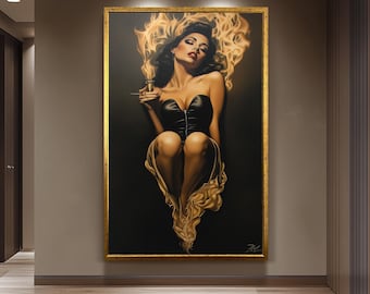 Sensual Woman Painting on Canvas, Fiery Femme Fatale Art, Hand Painted Seductive Wall Decor, Glamorous Modern Portrait, Bold Statement Gift