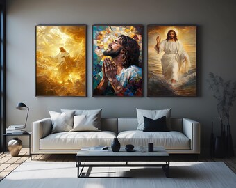 Jesus Christ Wall Art Set of 3 –Ascension Prayer and Walking on Water Christian Prints – Religious Canvas Decor for Faithful Homes Jesus Art