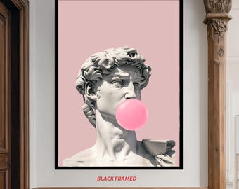Funny Modern Canvas Art of David Statue Blowing Bubblegum on Pink Background for Trendy Minimalist Decor and Pop Culture Wall Art