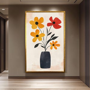 Minimalist Matisse Inspired Floral Vase Wall Art Print, Modern Abstract Flower Poster in Bold Red and Yellow for Contemporary Home Decor