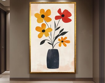 Minimalist Matisse Inspired Floral Vase Wall Art Print, Modern Abstract Flower Poster in Bold Red and Yellow for Contemporary Home Decor