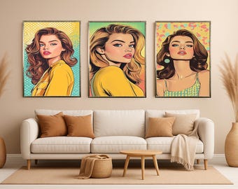 Colorful Pop Art Woman Portraits Set of 3 Retro Wall Art Prints with Yellow Tones for Bold Mid Century Modern Room Decor Woman Pop Wall Art