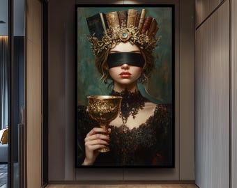 Blindfolded Woman Wall Art with Antique Golden Goblet and Book Crown – Dark Academia Canvas Print for Elegant Gothic Decor Woman Wall Decor