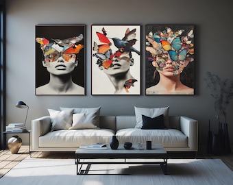 Butterfly and Bird Collage Wall Art Set of 3 Surreal Woman Portrait Prints Mixed Media Abstract Face Aesthetic Home Decor Surreal Woman Art