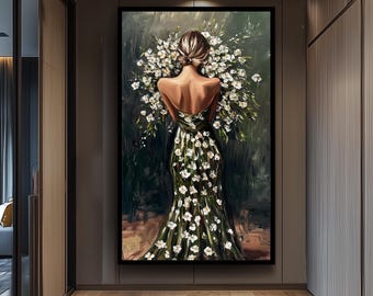 Elegant Floral Wall Art of Woman in Flower Dress Holding Blooming White Bouquet | Romantic Feminine Back View Painting Print Floral Wall Art