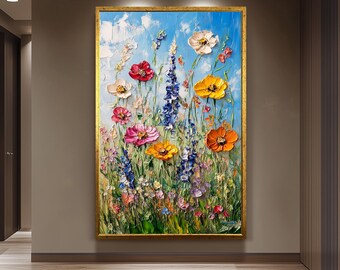 Textured Wildflower Meadow Oil Painting Canvas Colorful Floral Wall Art Inspired Rustic Artwork for Cozy Farmhouse and Modern Interiors