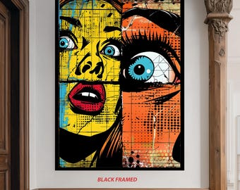 Pop Art Style Colorful Woman Face Wall Art with Bold Comic Book Expression – Urban Street Art Poster for Modern Home Decor Woman Wall Art