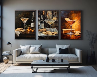 Cocktail & Cracker Still Life Art: Gourmet Bar Prints, 3 Piece Set