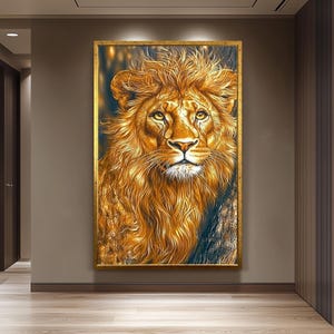 Golden Lion Portrait Painting, Majestic Wildlife Wall Art, Hand Painted Realistic Lion Canvas, Regal Animal Artwork, Bold Safari Home Decor