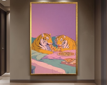 Pastel Tigers Eating Pizza Wall Art Retro 80s Style Canvas Print Two Tigers In Bed Sharing Pizza Under Gradient Sunset Colors Tiger Wall Art