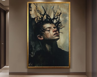 Dark Surreal Boy Portrait, Expressionist Canvas Art Print, Moody Emotional Wall Decor, Mysterious Artwork for Gothic or Modern Interiors