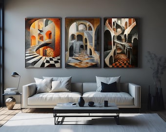 Optical Illusion Staircase Canvas Art Set of 3, Surreal Architecture Wall Prints, Modern Minimalist Geometric Decor for Home or Office